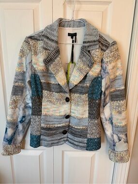 Tricotto Multicolor Knit Patchwork Blazer with Teal Accents